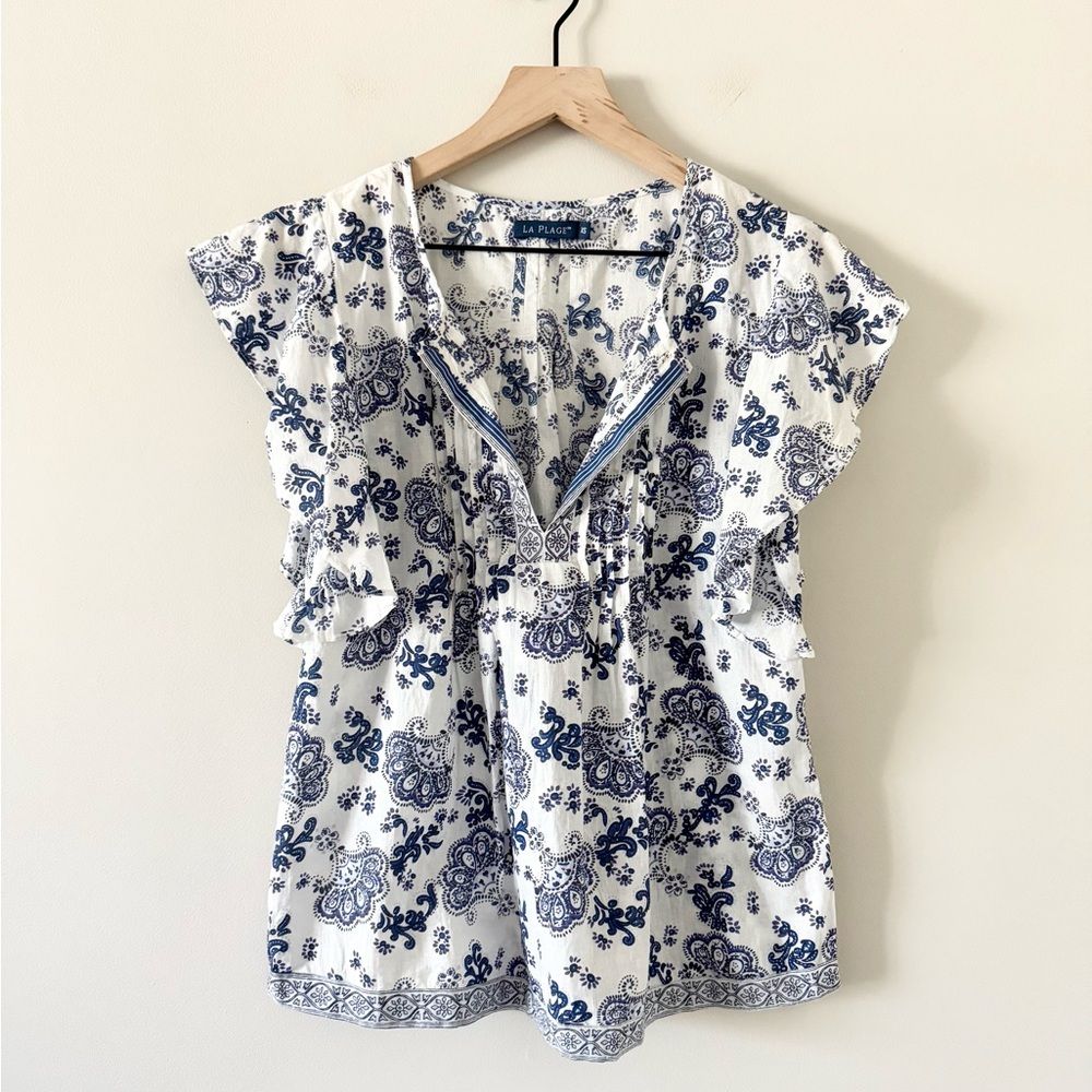 La Plage Cotton Ruffle Sleeve Blouse In Blue And White Floral Size Xs